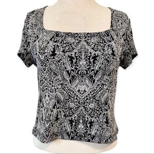 Vintage Y2K Square Neck Sparkly Glitter Crop Top Shirt Silver Black Paisley 90’s